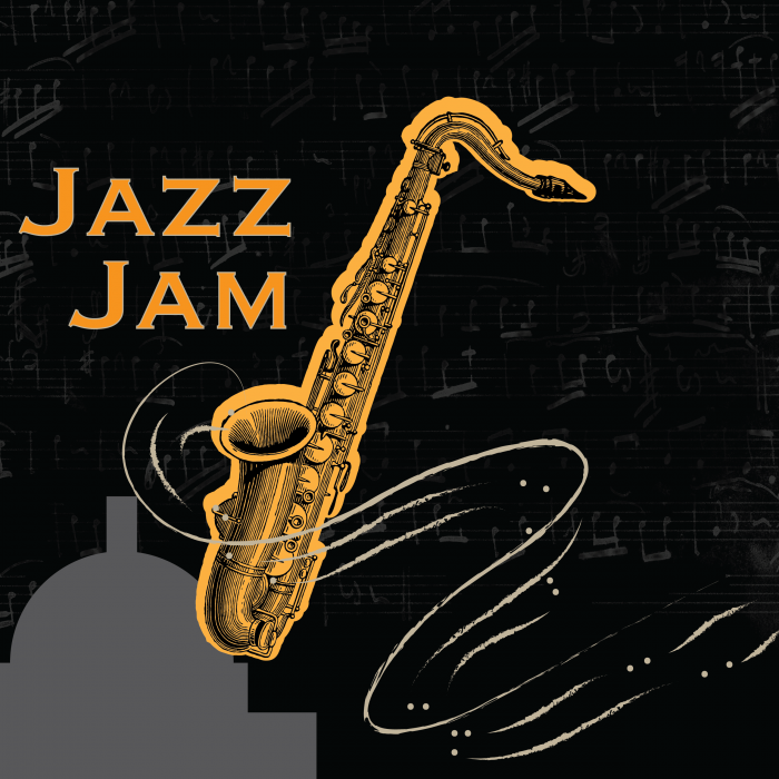 Poster for the Jazz Jam every Wednesday with a Saxophone hovering above the Capitol with music bars swirling around
