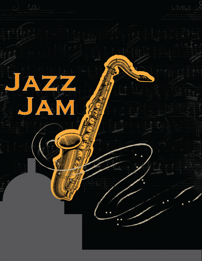 Poster for the Jazz Jam every Wednesday with a Saxophone hovering above the Capitol with music bars swirling around
