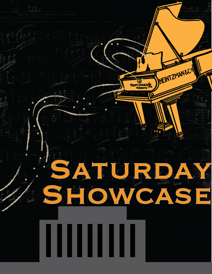 poster for Saturday Showcase with Piano hovering above the lincoln memorial with music bars swirling around it